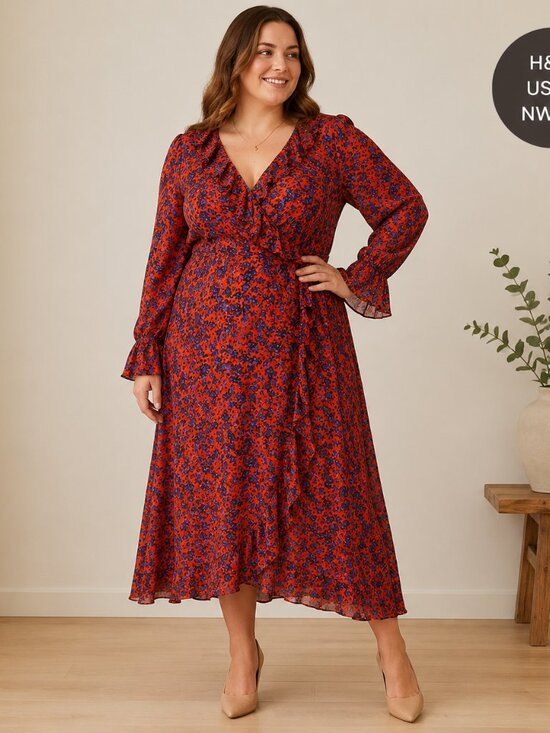 H&M Dresses & Skirts - NWOT | H&M | 14 | Floral Faux Wrap Ruffle Midi Dress